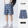 Mode Plaid Denim Shorts for Men Summer rakt casual skarv Jeans Streetwear Baggy Wide Short Pants Male 240410