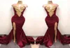 2019 Modest Bourgogne Sirène Split Robes formelles de soirée sexy Bordel Gold Sparkly High Cou Africain Arabe Occasion Prom Gown9439238