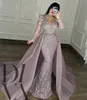 Robes de soirée de sirène en cristal violet élégant avec un train détachable en V manches longues perlé robe de bal de bal longueur de plancher