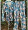 Hemkläder 2024 Spring Autumn Women's High Elastic Satin Silk Pyjamas Lotus Flower Printing Långärmad nattkläderbyxor