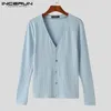 Men's Casual Shirts INCERUN Men Shirt Knitted Solid Color V Neck Long Sleeve Clothing Streetwear Korean Style 2024 Leisure S-5XL