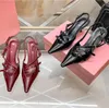 Miui Designer Shoes Kitten Heel High Woman Sandals Genuine Leather Solid Color Pointed Toe Buckle Decor Trendy Lacquer Party High quality