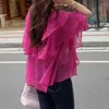 Blouses pour femmes mode O-cou imprimé en dentelle en lacet up robesses à volants 2024 Summer en tout-match tops papillon shirts