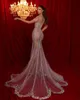 Fabulous crystal Mermaid Evening Dresses elegant short sleeves Beaded Prom dress sweep train illusion formal dresses for women
