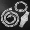 Strands Out Out Watch 3PCS Hip Hop Luksusowe zegarki Zestaw biżuterii Męskie Naszyjnik Bransoletka Bling Cuban Link Choker Prezent 230613