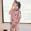 Roupas em casa Blusa da manga de morcego Kawaii Pijamas de desenho animado solto com shorts roupas femininas de algodão para Lady Sleepwear Duas peças