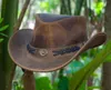 Heren Echt lederen Australische westerse cowboystijl Tan Crazy Horse Bush Hat