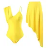 Kvinnors badkläder Sexig baddräkt i ett stycke med ruffle kjol kvinnor bodysuit gul baddräkt strand badbassäng 2024 kvinnlig simning