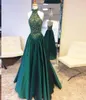 Goddess High Neck Dark Green Prom Dresses Lace Top And Satin Lower ALine Long Evening Gowns Zipper Backless Ruffle Formal Party D8740139