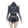 Scenkläder sexig transparent mesh balck tofsels kvinnor bodysuit som gnissar svart strass födelsedagsfest bar prestanda kostymer