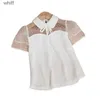 キッズシャツキッズシャツファッションシフォンブラウスのための女の子の夏の子供たちの白い半袖シャツティーンエイジダウンカラーレースベーシックTシャツ230331 C240413