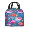 Storage Bags Fashion Flamingo Birds Insulated Tote Bag Women Flowers Pattern Portable Thermal Cooler Food Lunch Box For School