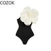 Women Swimsuit Simple Solid Color OnePiece with Cluster Decoration In BlackWhite on The Shoulders Fashionable and Elegant 240409