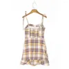 Casual Dresses for Women 2024 Summer Clothes Sundress Vintage Plaid Dress Sexig Spaghetti Strap Tie Ruffle Hem Check Mini