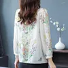 Kvinnors blusar 2024 Spring Summer Women Blus Fashion Pärled Silk Chiffon Shirt V-Neck Loose 3/4 Sleeve Floral Printed Tops