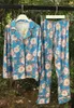 Hemkläder 2024 Spring Autumn Women's High Elastic Satin Silk Pyjamas Lotus Flower Printing Långärmad nattkläderbyxor