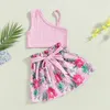 Set di abbigliamento per bambini bambina 2 pezzi abitudini a maglia senza maniche con stampa floreale a mezzo abito corto con cintura in vita