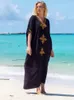 Plus Size Dresses Causal Embroidered V-neck Black Kaftan Dress For Women 2024 Summer Boho Clothes Beach Wear Maxi Robe Q1373