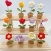 Decorative Figurines Mini Cute Finished Crochet Flowers Hand-knitted Sunflower Rose Potted Plants Handmade Bouquet Home Desktop Decoration