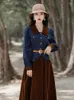 Werk jurken Franse stijl elegante dame outfits vintage denim shirt tops bruine fluwelen rok met riem moderne retro 2 -delige set dames