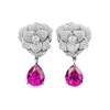 Boucles d'oreilles en peluche fleur Ruby Diamond Oreille d'oreille Real 925 Drop de mariage en argent sterling pour femmes Gift de bijoux de fiançailles nuptiales