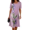 Casual Dresses Short Sleeve Dress Women A-line Midi Floral Tulip Print Summer för mjuk andningsbar knälängd pendling