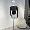 Women's Blouses 2024 Latest Original High Quality Sexy Invisible Zipper Ruched Black See Through Long Sleeve Stretchable Tulle Tops For