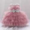 Toddler Fluffy Pink Wedding Party Dresses for Baby 2-8 Yrs Sequin Bow Tulle Baptism Birthday Princess Clothe Lace Summer Dresses 240407