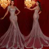 Fabelhafte Crystal Mermaid Abendkleider elegante kurze Ärmeln Perlen -Prom -Kleid -Kleider Zug Illusion Illusion Formale Kleider für Frauen