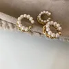 Korean Gold Color Double Circle Twist Pearl Ear Cuff Vintage Geometric Earcuff Fake Piercing Pearls Clip on Earings 240410
