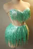 Stage Wear Women Sexy Green Sequin Tessel Costume Set Bling Dancewear Shining Tassel Party Bra Pole Dance Dress Short