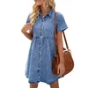 Casual jurken vintage reversnek met korte mouwen kopje Retro denim jurk vrouwen zomer rechte mini vaste kleur gewassen