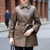 Kadınlar deri gerçek koyun derisi ceket kadınlar bahar sonbahar moda takım elbise yakalı dantel up ince orta ila uzun ceket jaqueta couro feminino