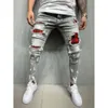 2024 New Spring Festival Does Not Close. Men's Distressed Printed with Patches and Elastic Small Leg Jeans Selling