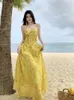 Casual Dresses Yellow Print Stranchy Dress Sling Women's Summer Travel Vacation Maxi Backless Wedding For Party Vestido Midi