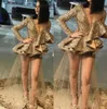 Sexig Gold One Shoulder 2020 Prom Dresses Ruffles Peplum Sequined Illusion Sequins Applices Se genom formella aftonklänning Robes2491804