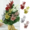 Flores decorativas de Natal Artificial Golden com folhas árvores de Natal Glitter Fake Flower Decorações Ano Navidad