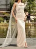 Casual jurken sexy beige mouwloze geplooide pailletten maxi jurk dames zomer swingende kraag split long celebrity avond feestjurk