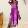 Lässige Kleider lose Fit Long Kleid Frauen Maxi Bohemian Style Urlaub mit 3D -Druckseite Split Plus Size V Hals -Knöchel