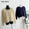 Women's Knits Korean Simple Casual Solid Color Pocket Crewneck Single Breasted Knitted Cardigan For Women Coat Autumn Winter 2024