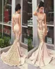 Sexy Blush Pink Satin Mermaid v Nece Forge с золотыми кружевными аппликациями высококачественное формальное платье для событий2344055