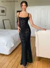 Basic Casual Dresses TARUXY Lace S-Through Maxi Dress Shr Black Slit Bodycon Slim Dresses Elegant Solid Zipper Backless Sexy Dress For Women 2023 1 T240415