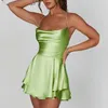 Casual jurken Solid Color Satin Dress Sexy Clubwear Women Spaghetti -riem Ruffled Hem Short Backless Lace Up Party Vestidos