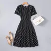 Casual klänningar koreansk stil sommar söt rund hals polka dot prickar lantning tryckt a-linje kort ärm party klänning kvinnor