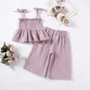 Summer Girls Muslin Cotton Blazer Pants 2PCS Clothes Set Camisole Wide Leg Solid Color Casual Beach Soft Furnishings 240408