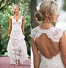 2019 Robes de mariée en dentelle sans dos sexy Bohemian Boho Beach Robes nuptiales Ivory Aline Hollow Chapel Train Elegant V Neck Wedding5076207