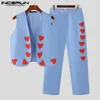 Casual Streetwear Style Set Incerun Mens Fashion Suit Love Printed Pattern Short Cardigan Waistcoat Pants Two-Piece Set S-5xl 240402