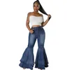 Women's Jeans Washed Denim Stretch Flared Women Casual High Waist Flare Pants Bottom Ruffled Hem Fashion Streetwear S-XXXL