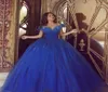 2019 Quinceanera Dresses blue off the Shallden Ball Gown Puffy Tulle Prom Gowns Lace-up Sweet 16フォーマルドレスMhamad7728228