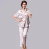 Home Clothing Silk Women Lingerie Casual Pajamas Set With Long Pants Solid Turn-down Collar V Neck Homewear Sleep Wear Night Suit